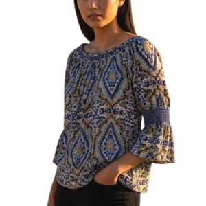 DEMOCRACY Aztec Tribal Colorful Smocked Blouse